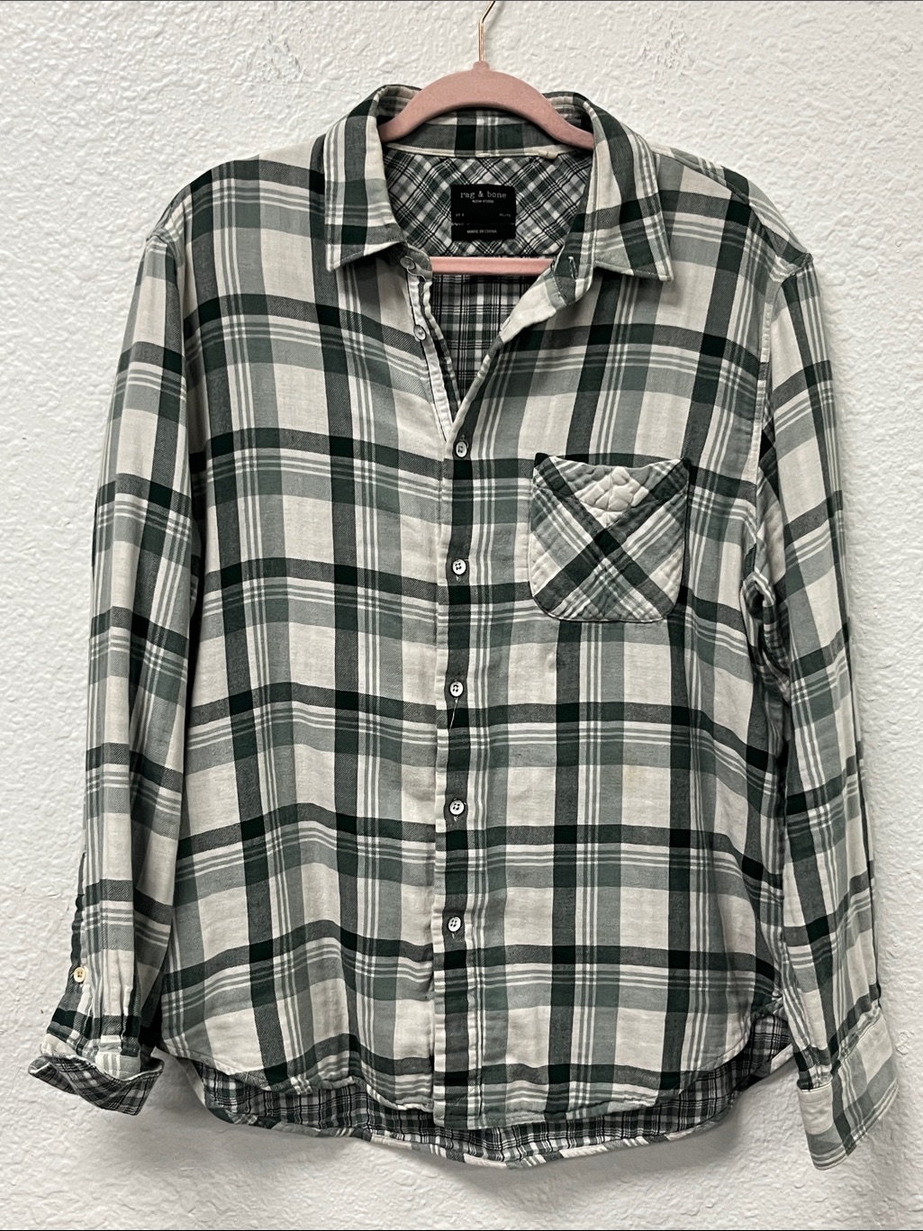 Rag & Bone Green And White Plaid Button-Down Flannel Shirt
